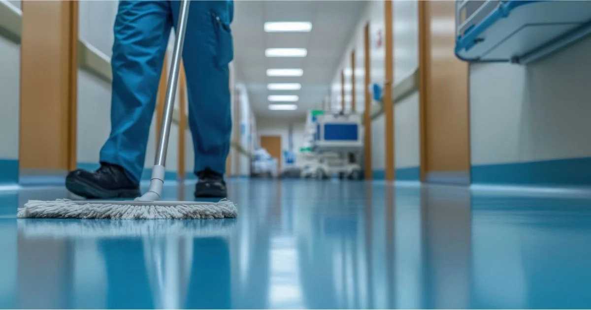 Janitor mopping a hospital hallway floor.